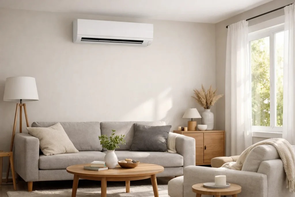 Wall-mounted ductless unit above a living-room sofa.