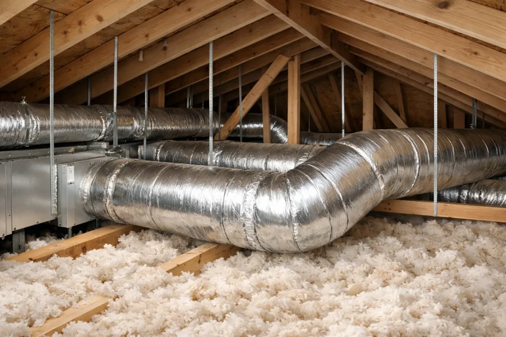 Insulated HVAC ductwork in an attic.