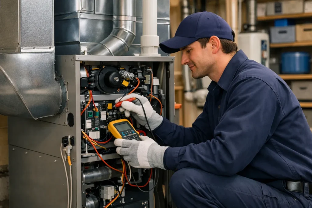 Technician checking electrical components inside a furnace.