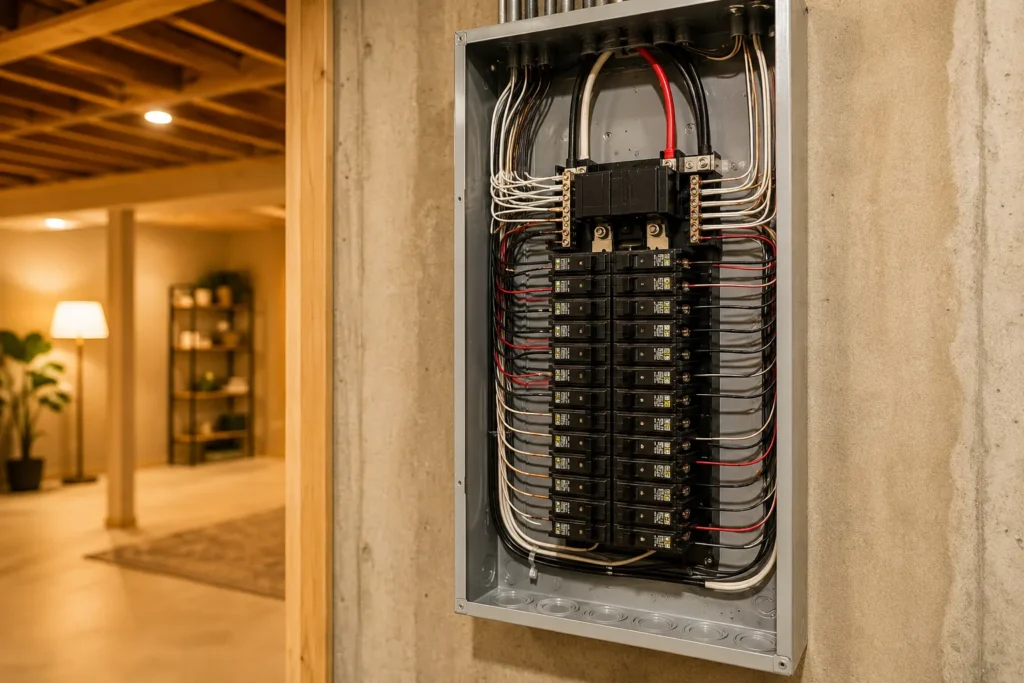 Open residential electrical panel showing circuit breakers and wiring.