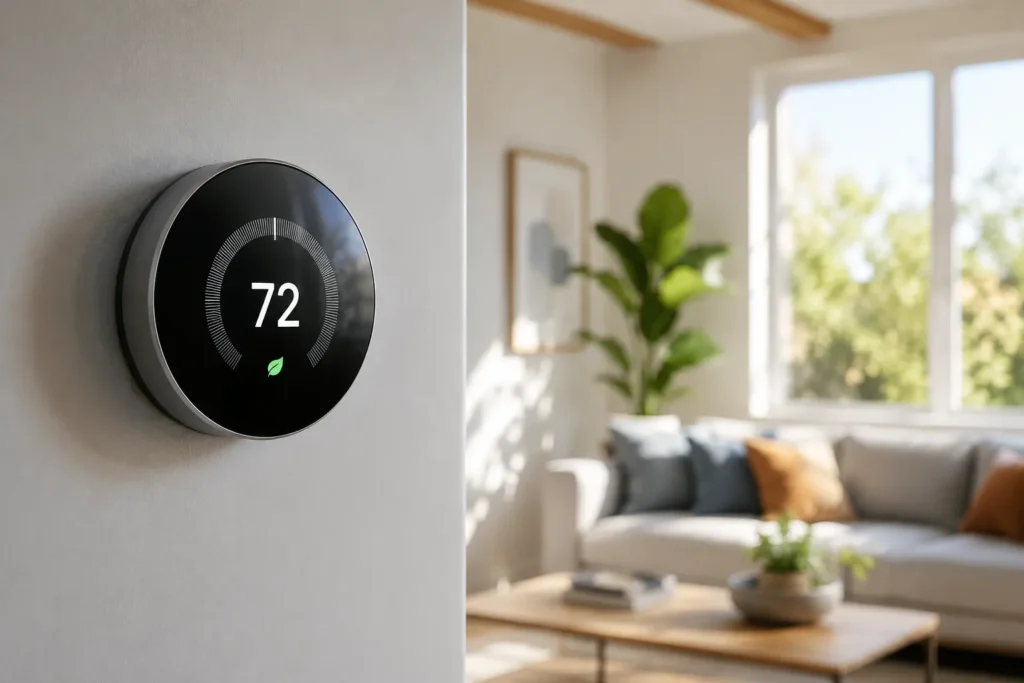 Round smart thermostat on a wall displaying 72 degrees.