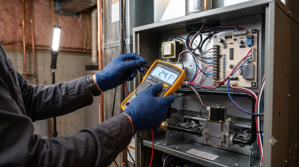 Technician testing furnace components with a digital multimeter.