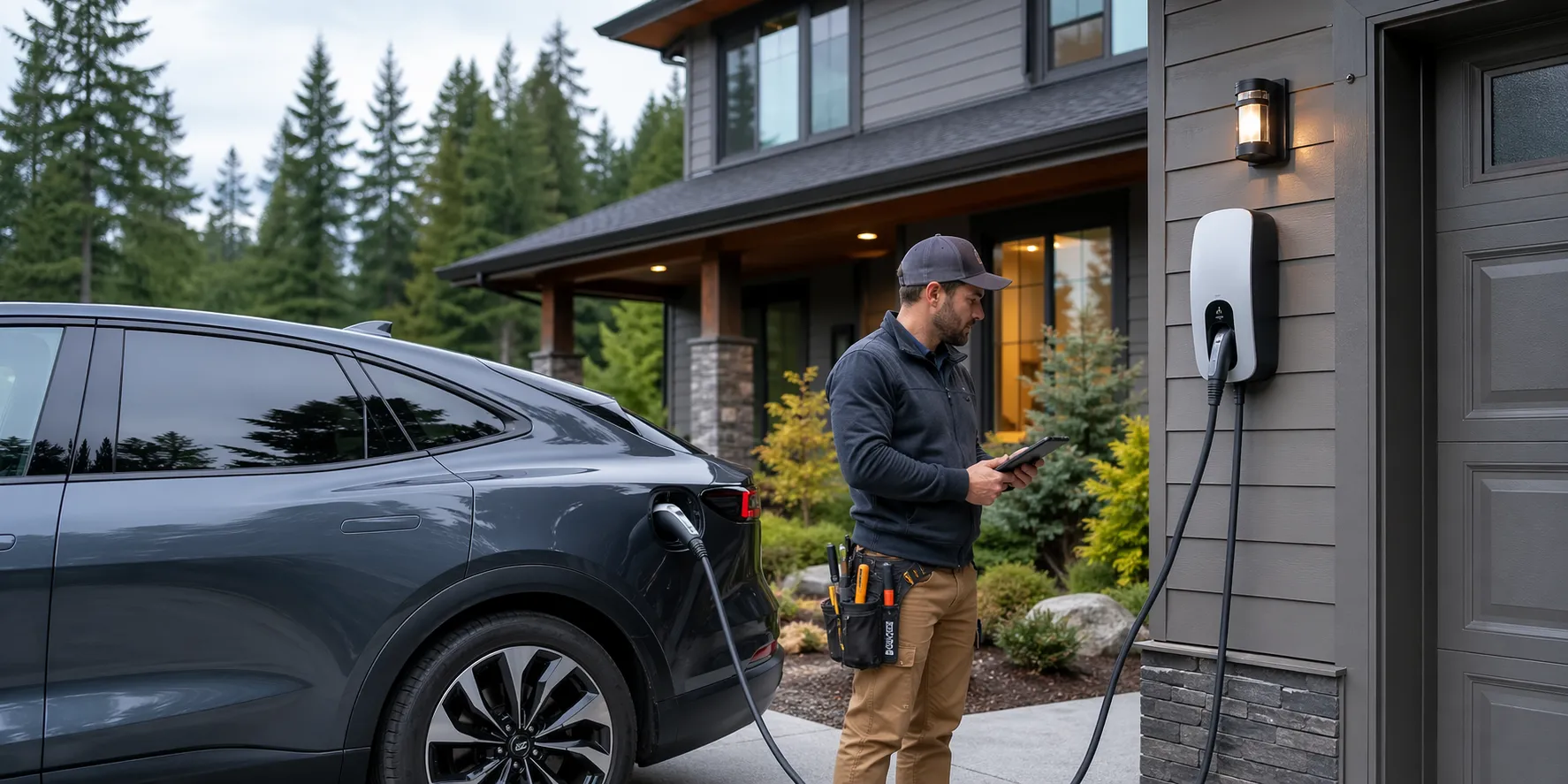 Man charging electric vehicle at home