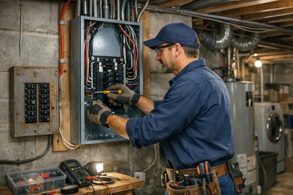 Technician working on a residential electrical panel.