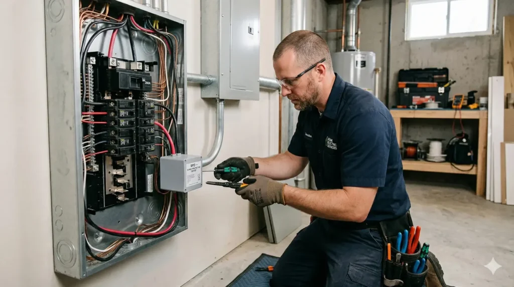 Technician fitting a surge protection device at an electrical panel.