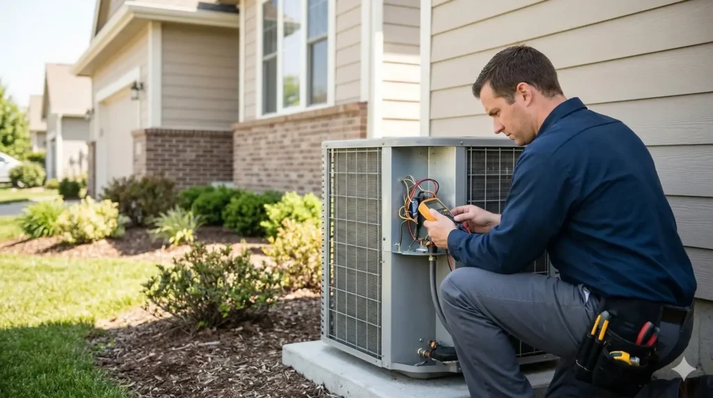 Technician testing electrical components in an outdoor HVAC unit.