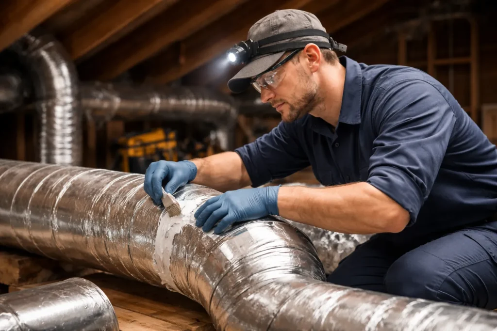 Technician inspecting and sealing insulated ductwork.