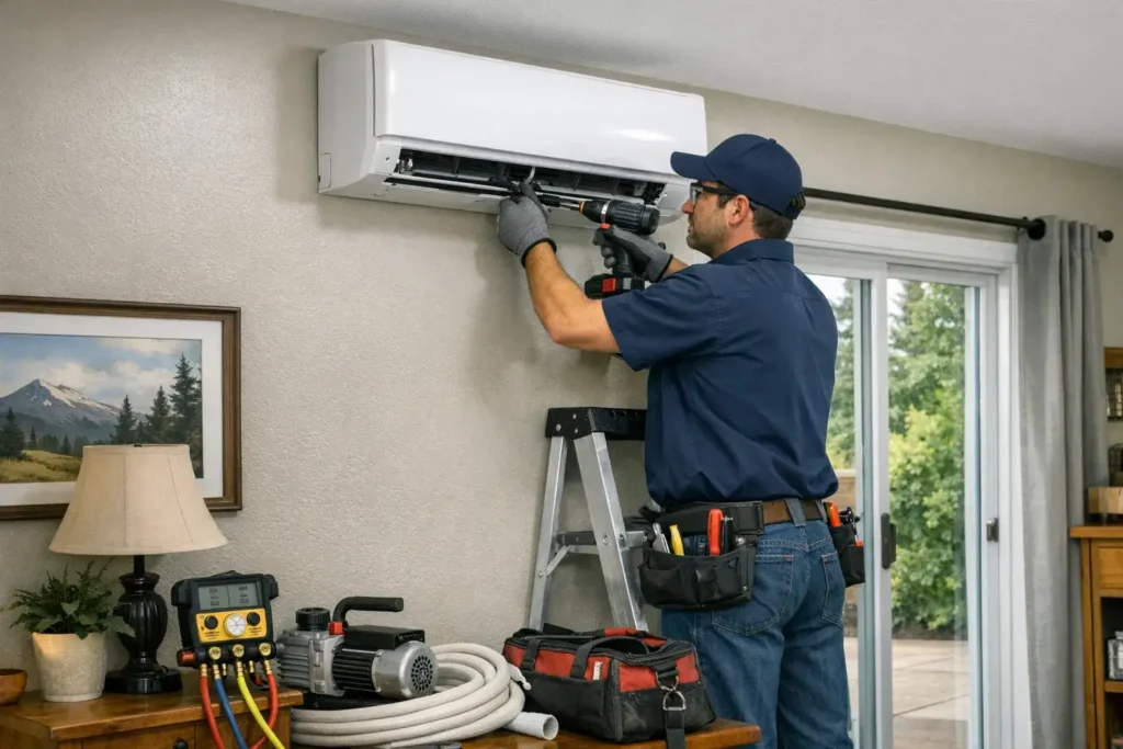 Technician installing ductless mini-split system