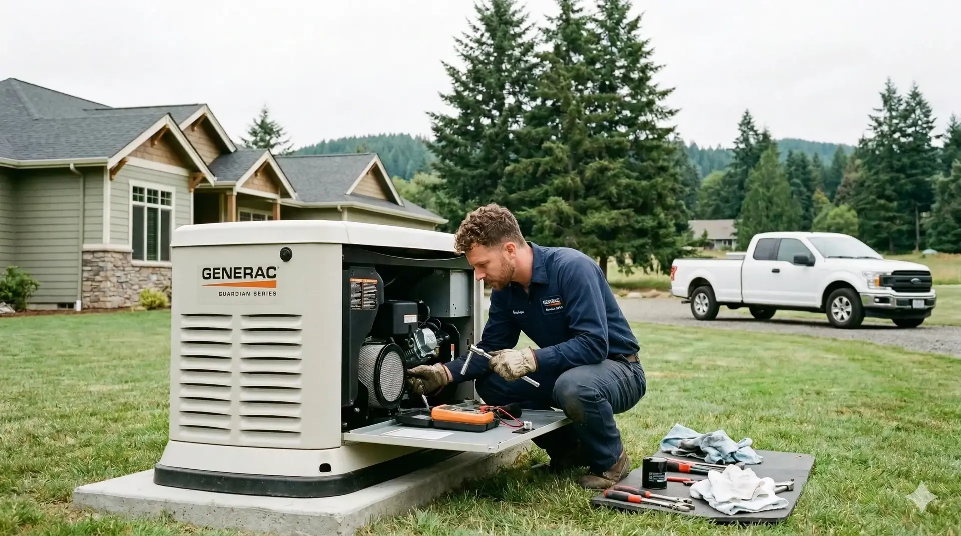 Technician servicing a Generac generator outdoors.