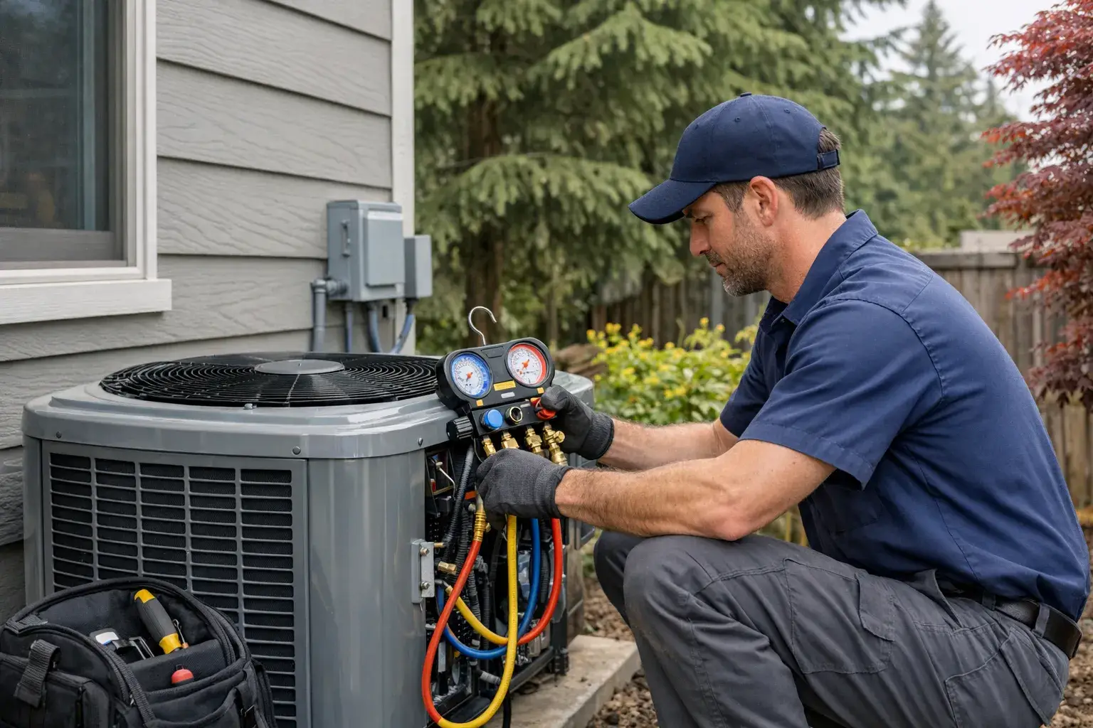 Technician servicing an air conditioning unit.