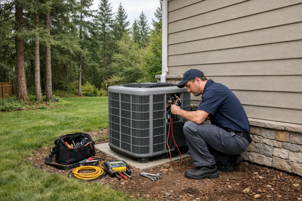 Technician servicing outdoor air conditioner unit