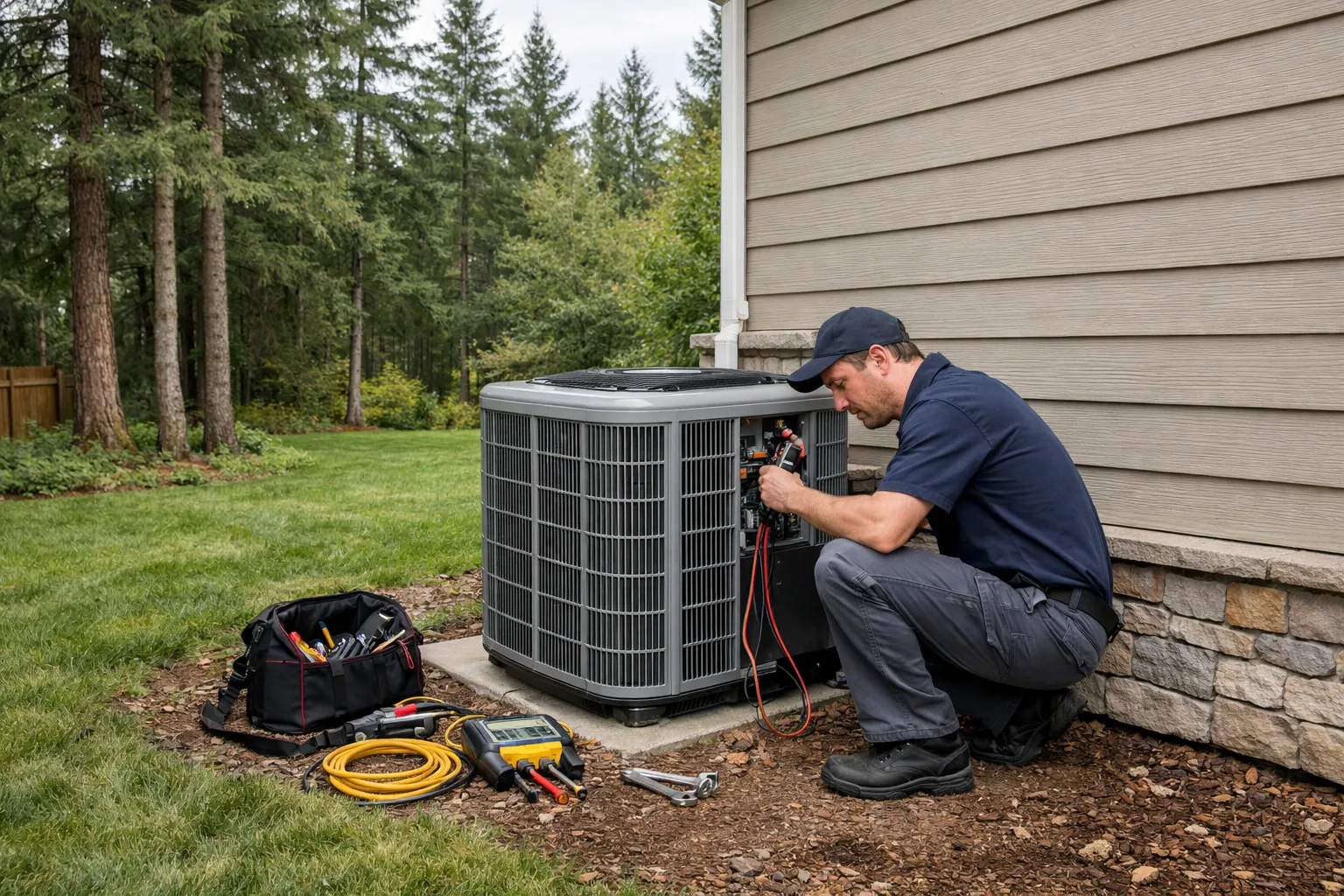 Technician servicing outdoor air conditioner unit