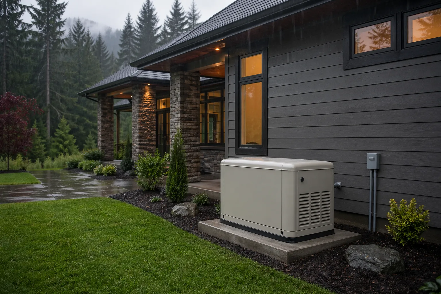 Generator outside modern house in rain