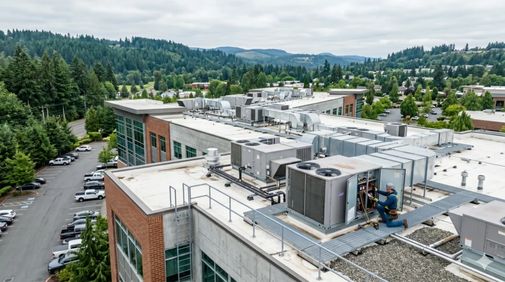 HVAC technician working on rooftop units
