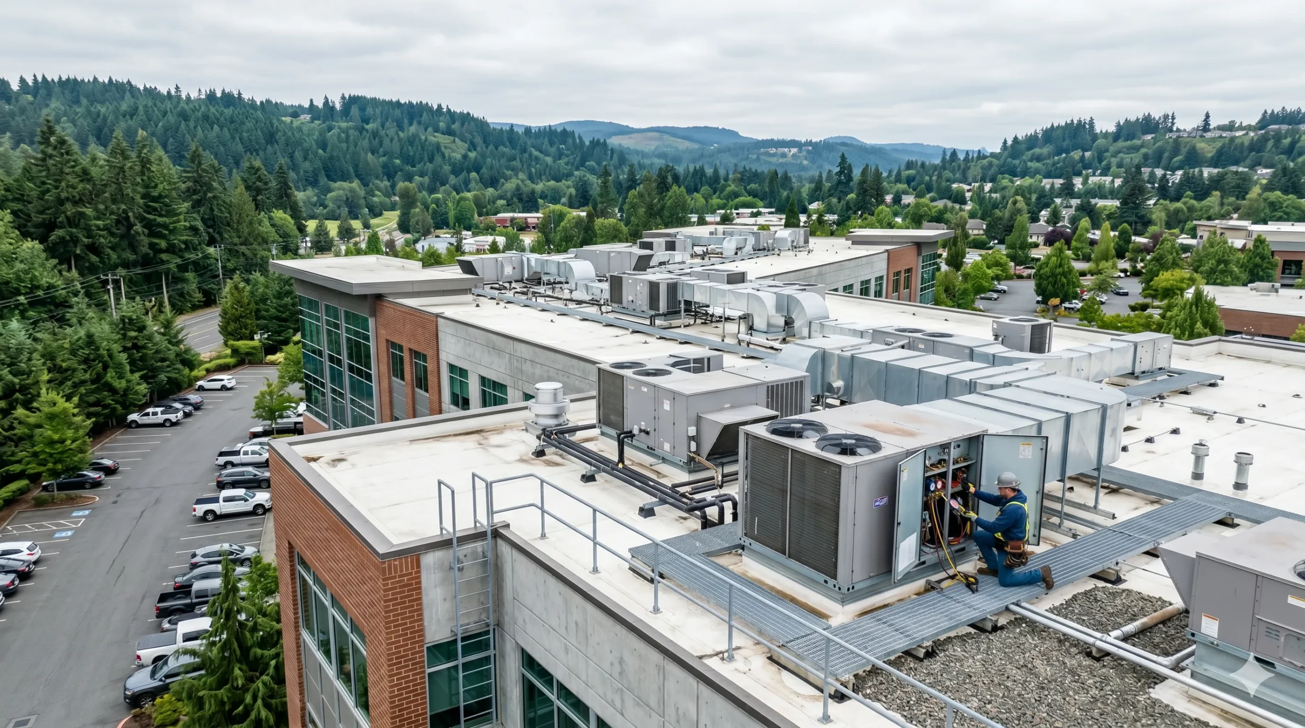 HVAC technician working on rooftop units