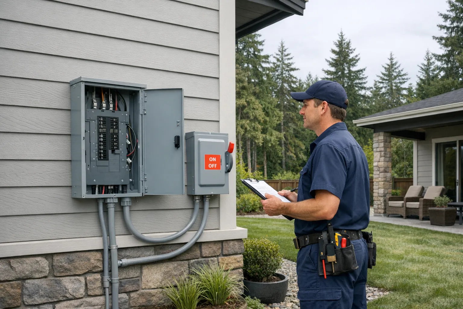Electrician inspecting residential electrical panel