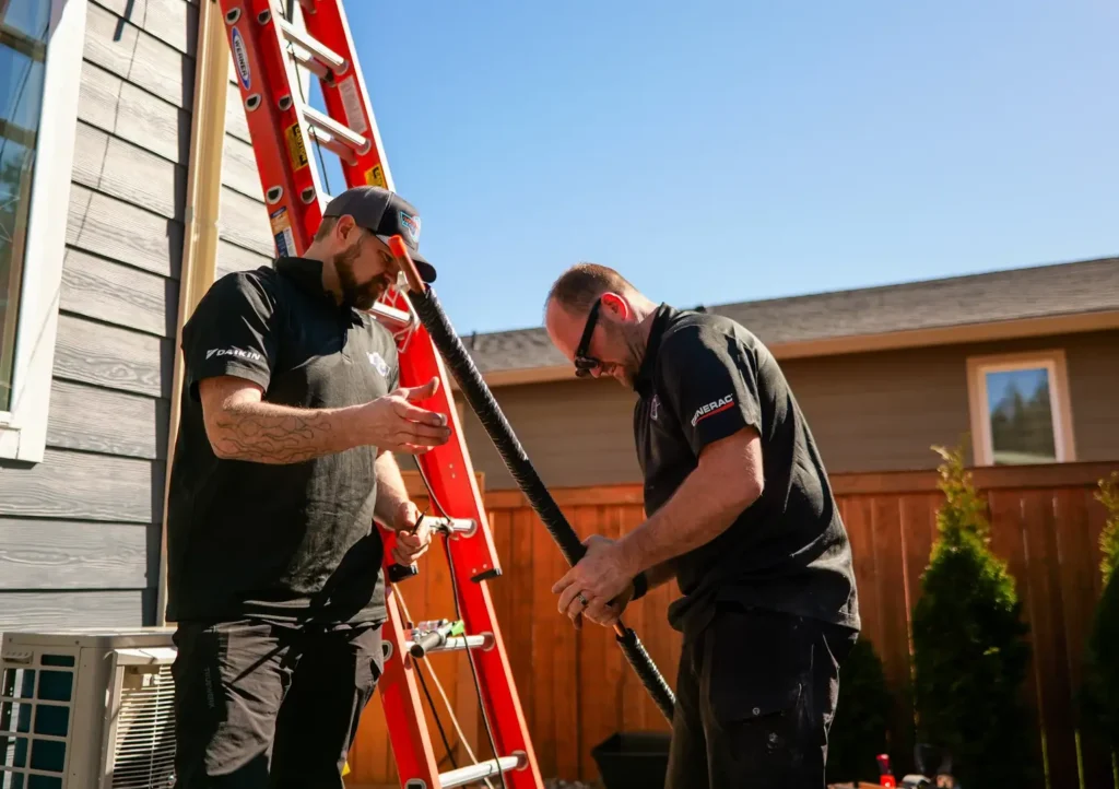 Two workers installing equipment outdoors.