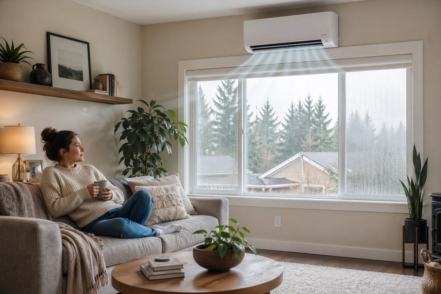 Cozy indoor scene with woman relaxing.