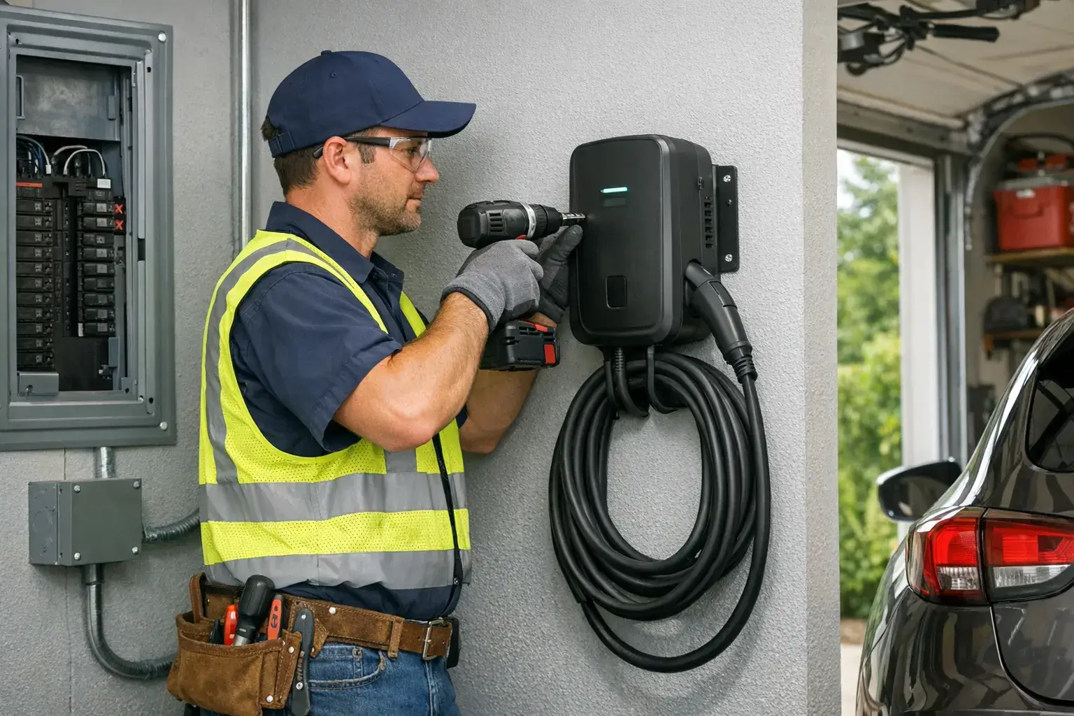 Man installing EV charger in garage