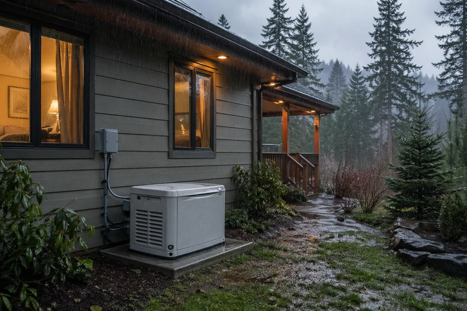 Generator outside house in rainy weather