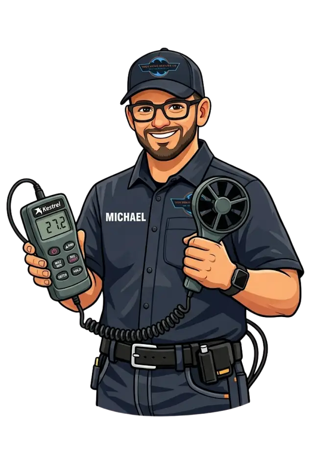 Smiling man holding measurement tools