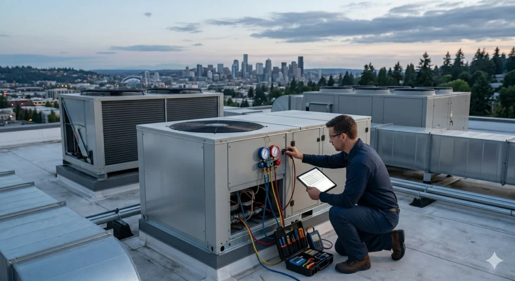 Technician inspecting commercial rooftop HVAC equipment.