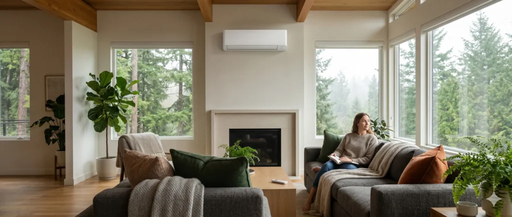Wall-mounted ductless unit in a living room with large windows.