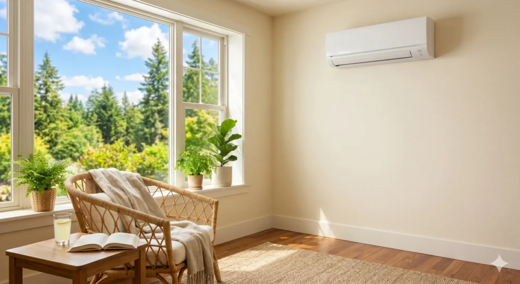 Wall-mounted ductless unit in a bright sitting room.
