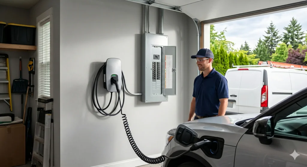 Electric vehicle connected to a wall-mounted charger beside an electrical panel.