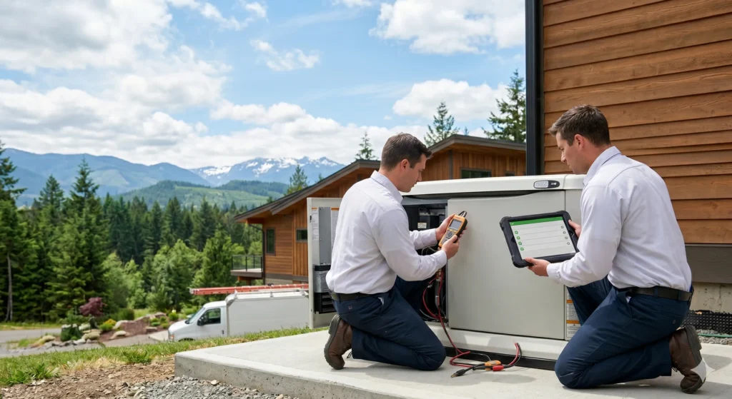 Two technicians inspecting a standby generator.
