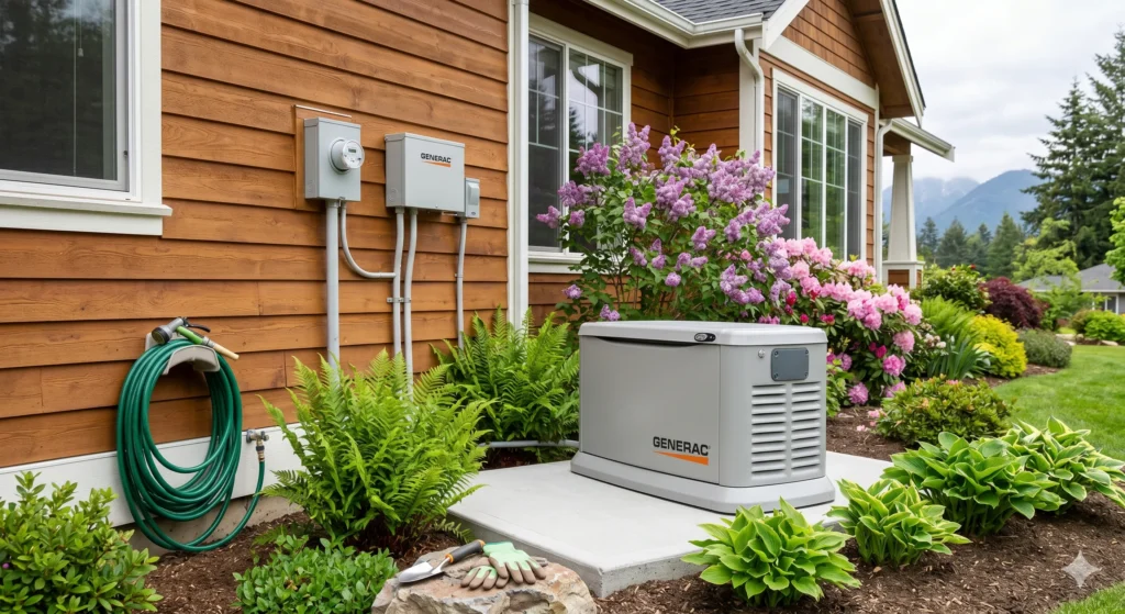 Generac standby generator and transfer equipment beside a home.