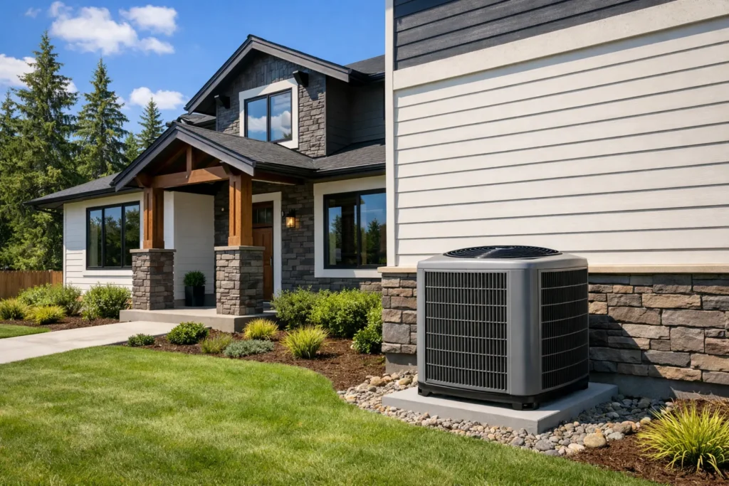 Outdoor cooling unit beside a home's stone and siding exterior.