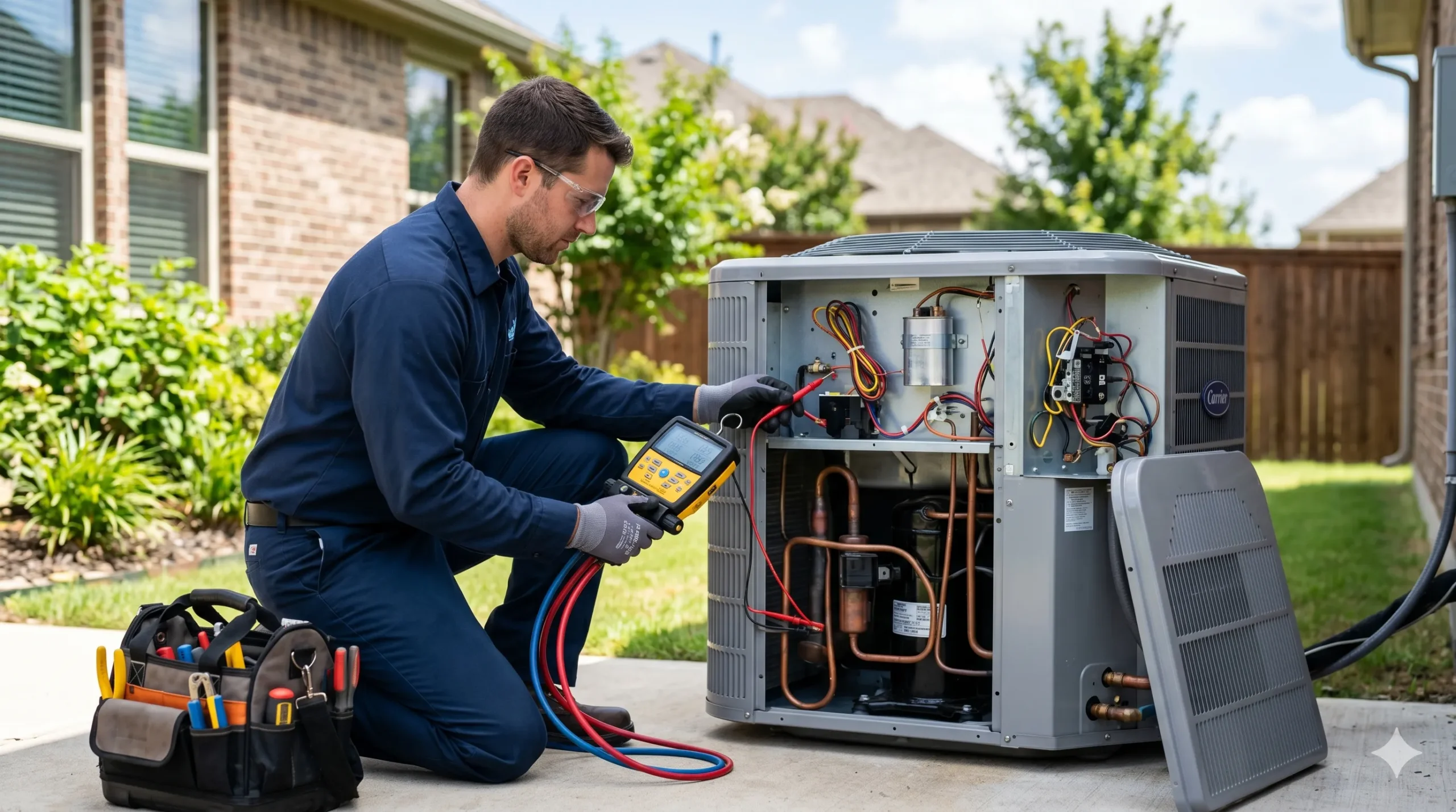 An HVAC technician in a blue uniform and safety glasses kneels next to an outdoor air conditioning unit, using a digital manifold gauge to test its internal wiring and electrical components.