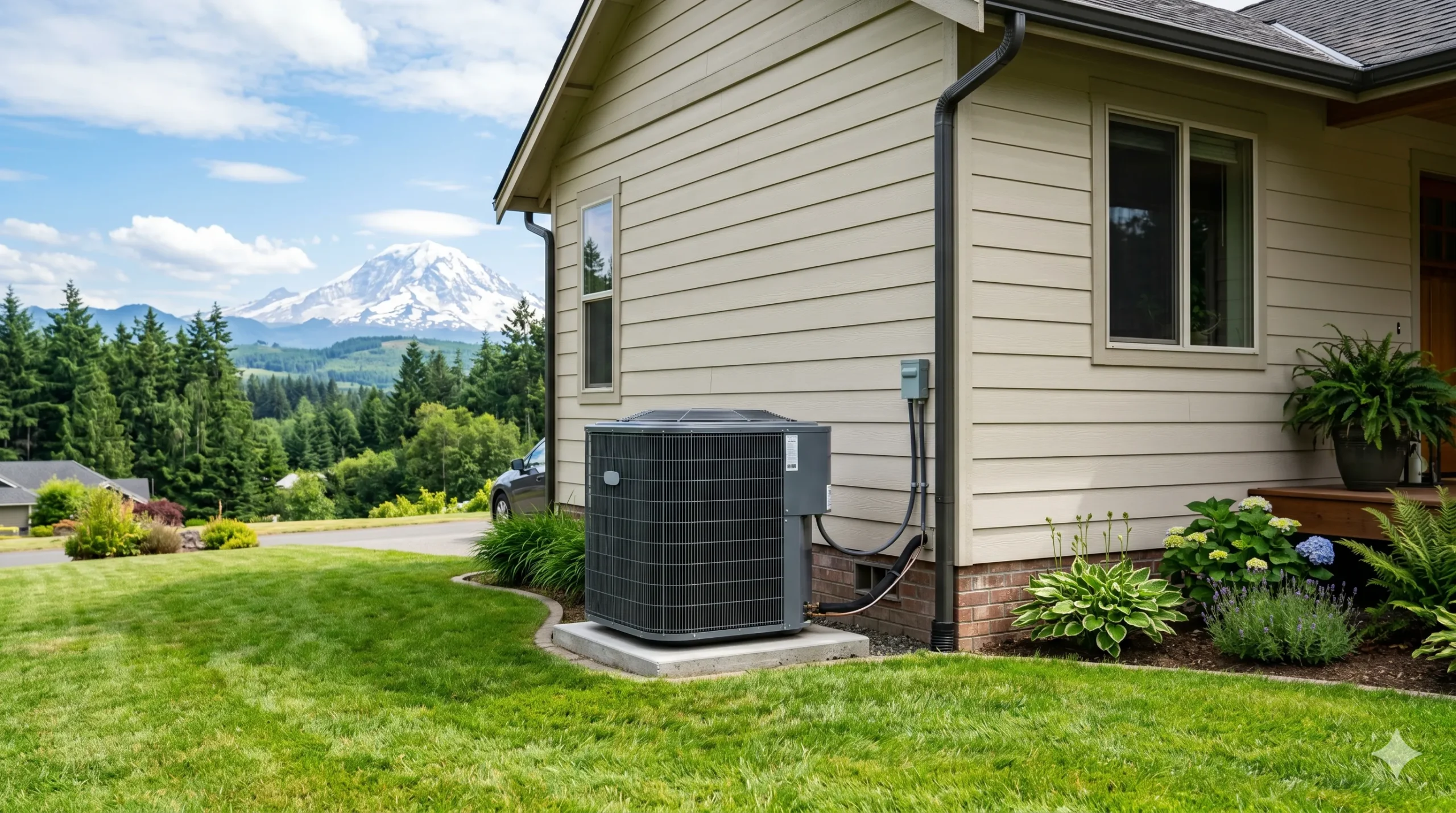 An outdoor heat pump or air conditioner unit installed on a concrete pad next to a beige house, with a scenic background of Mount Rainier and pine forests under a blue sky.