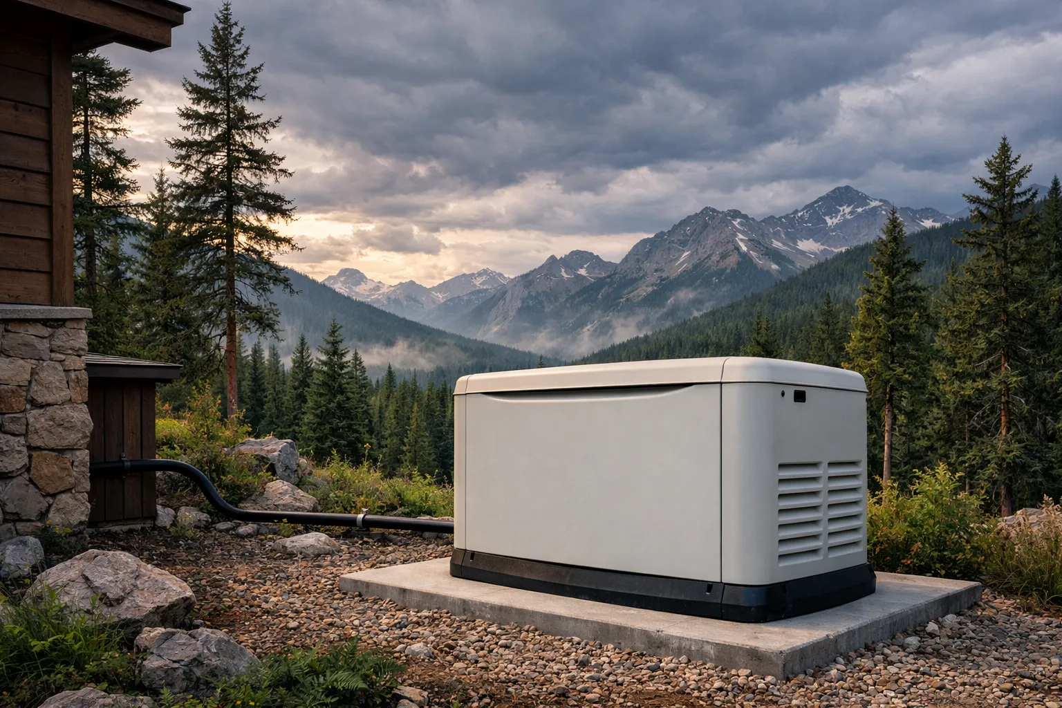 A white residential standby generator installed on a concrete pad next to a wood and stone cabin, with a scenic background of mountain peaks and pine forests.