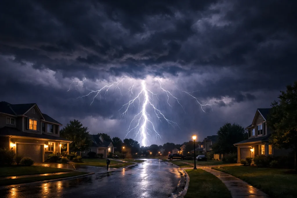 Lightning above homes on a wet residential street.