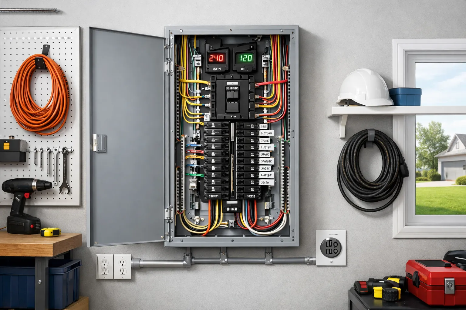 An open, neatly wired residential electrical panel with organized circuit breakers and digital voltage displays on a garage wall.