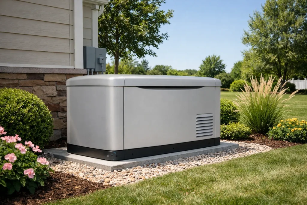 Standby generator beside a home and garden.