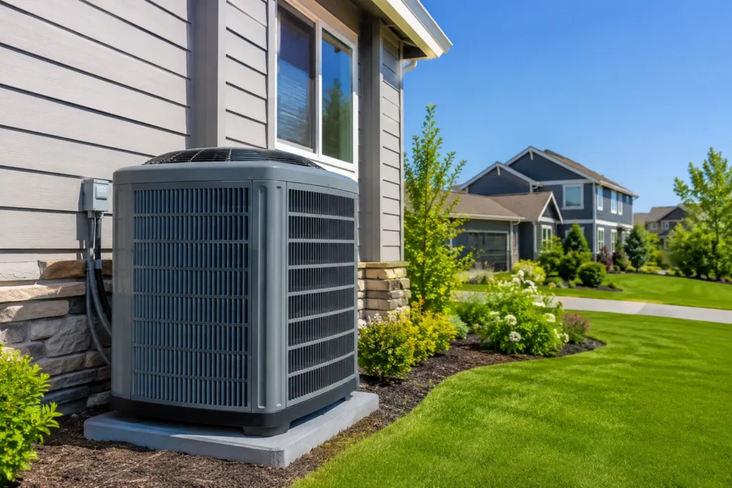Outdoor air-conditioning unit on a pad beside a home.
