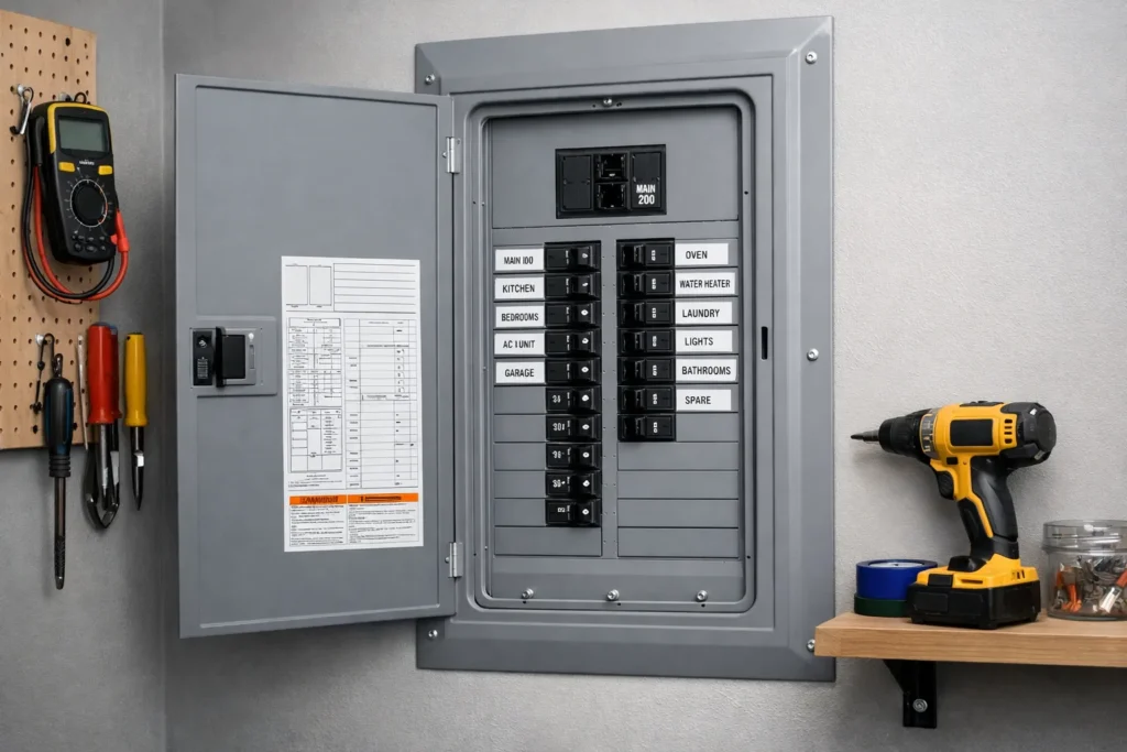 Open electrical panel with testing tools nearby.