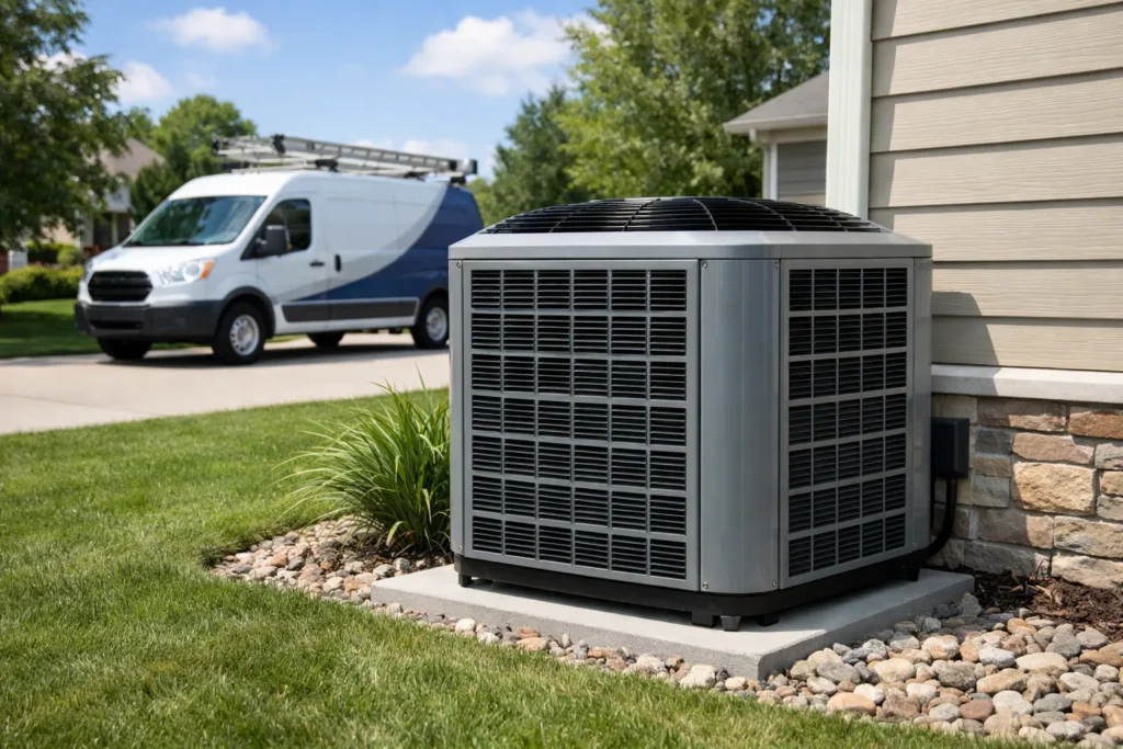 Outdoor cooling equipment beside a home and service van.