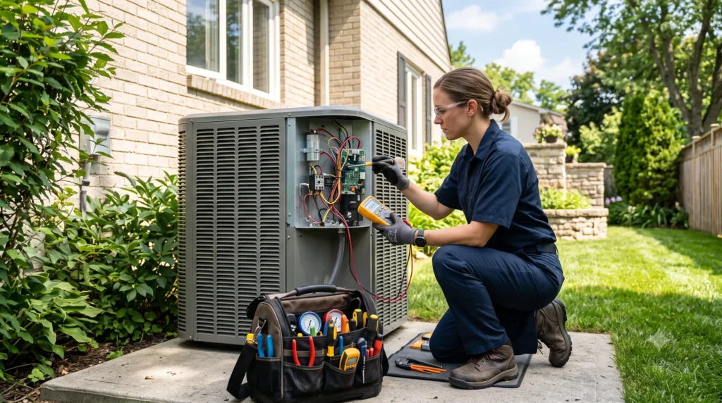 Technician testing components in an outdoor cooling unit.