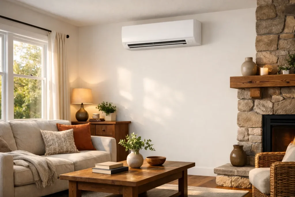 Wall-mounted ductless unit in a living room with a stone fireplace.