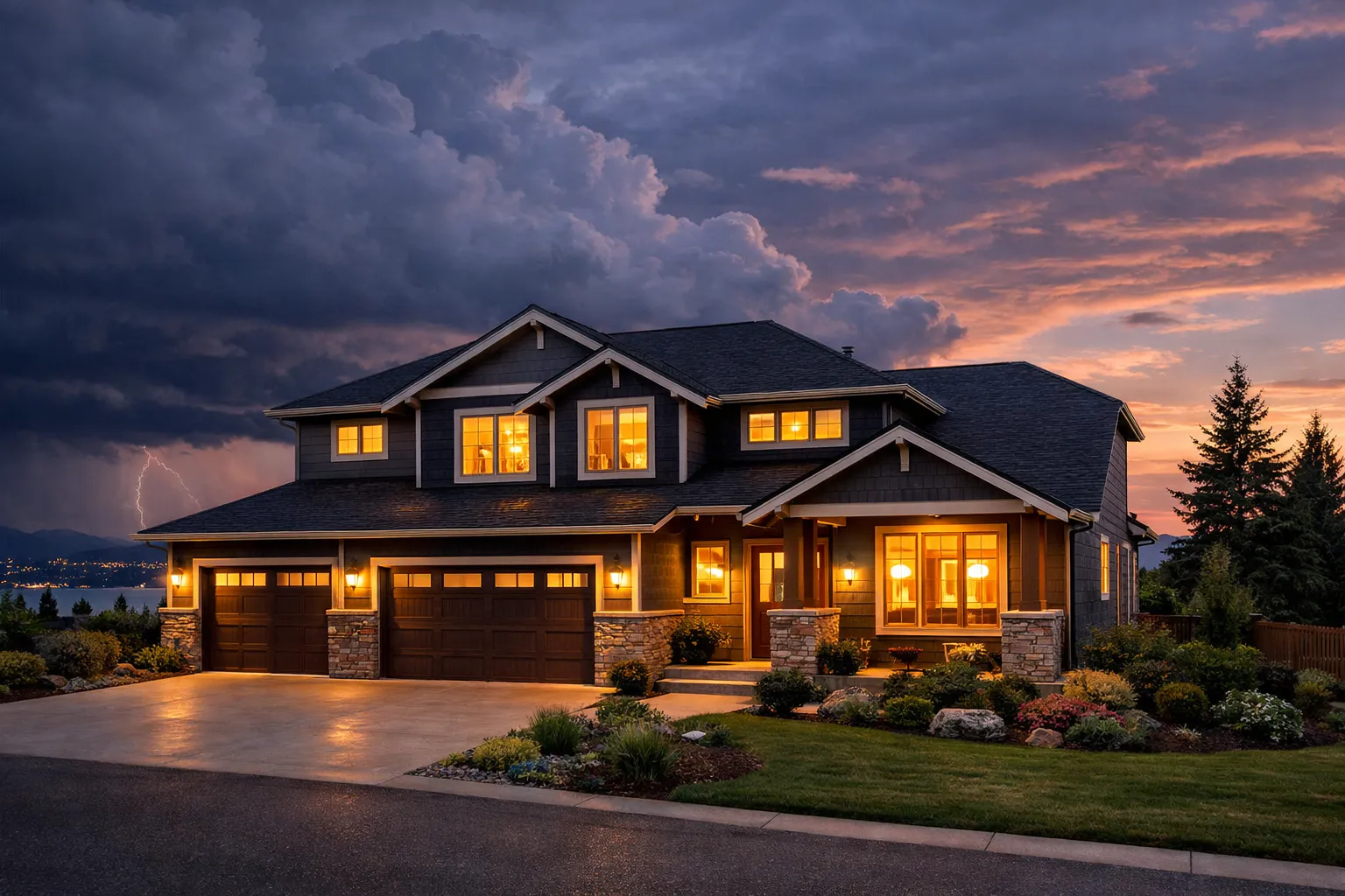 A beautiful two-story craftsman home with warmly lit windows at dusk, set against a dramatic sky with dark storm clouds and a distant lightning strike.