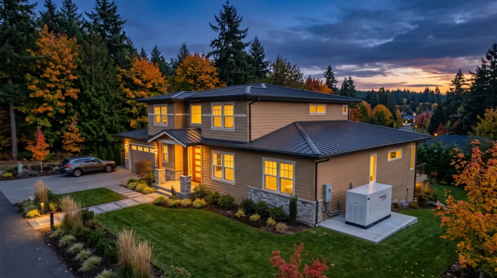 Home with a standby generator and lights on at dusk.