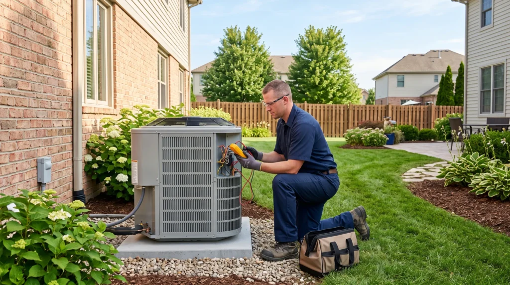 Technician servicing an outdoor air-conditioning unit.