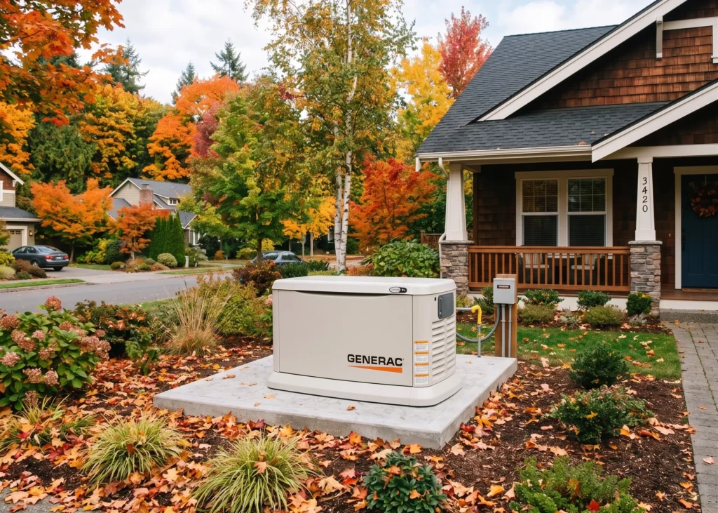 Generac standby generator beside a home and autumn trees.