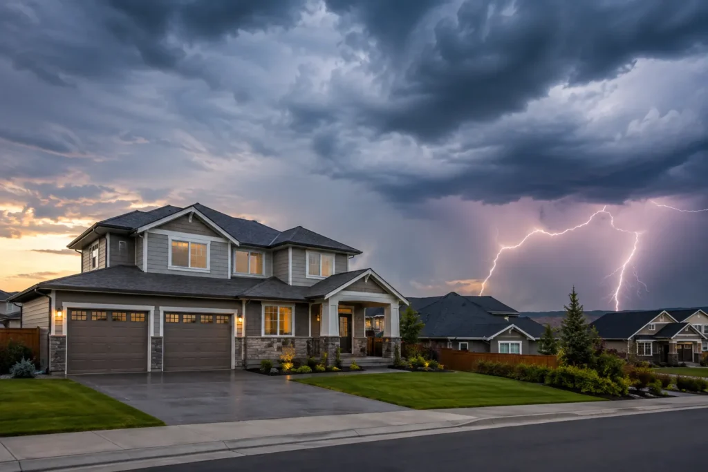 Lightning over a residential neighborhood.