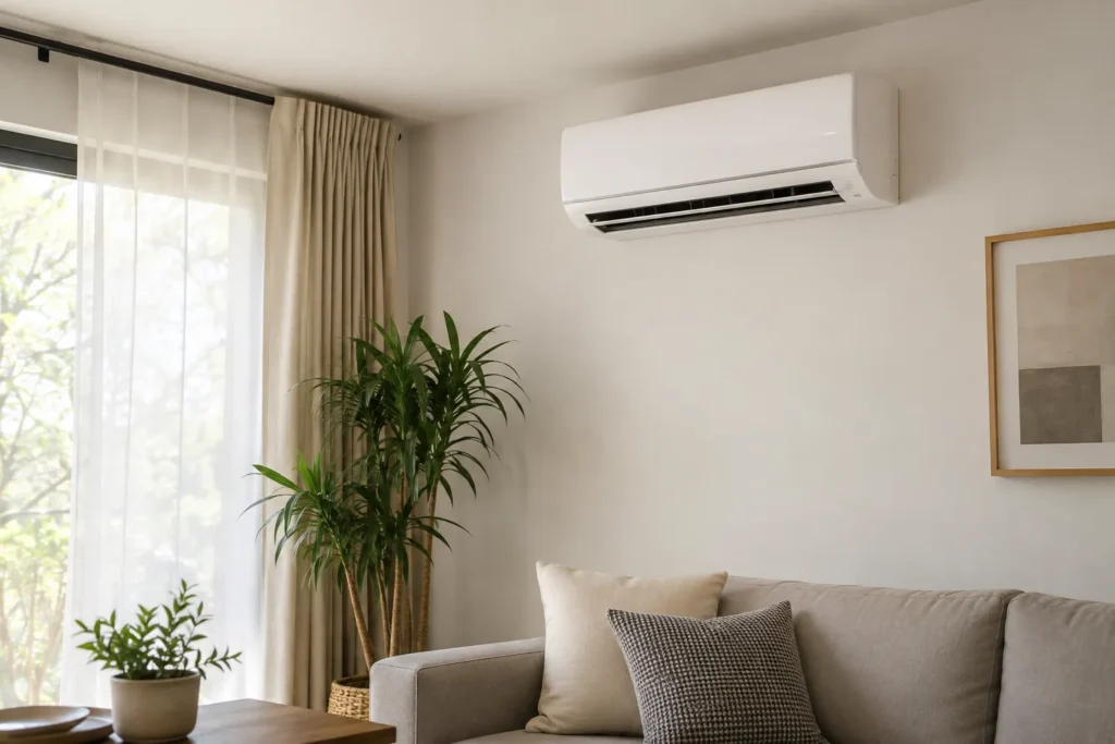 Wall-mounted ductless unit above a living-room sofa.