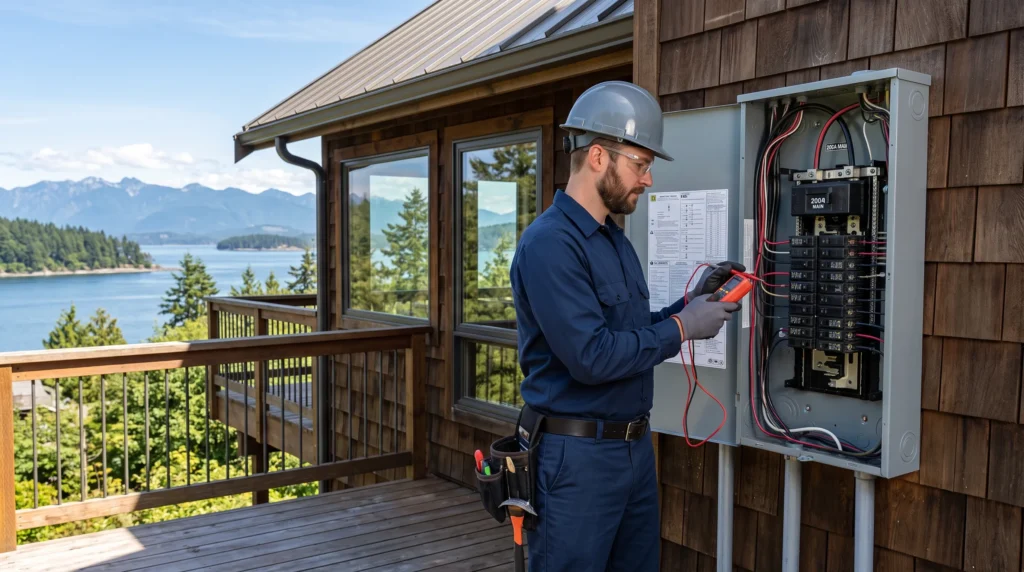Technician inspecting an exterior electrical panel.
